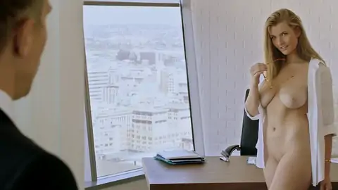 Ultra-Nice ash-blonde with blue eyes gets facialized in her office