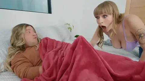 Fondling herself while a fellow is cheating with a blondie