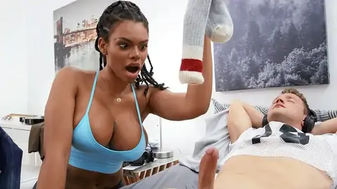 A massive-breasted dark-hued gets stuck in the washing machine