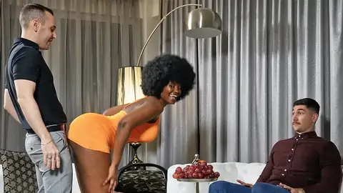 Dark-hued sweetie on her knees gives hubby's chief a deep throat