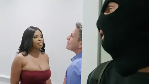 Burglar ends up poking a giant-chested dark-hued with big bobos