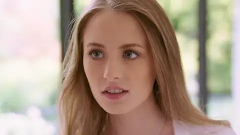 Appreciative platinum-blondie honey is on her knees for a facial cumshot