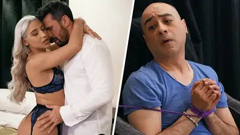 Man with bound forearms is attempting to ravage a platinum-platinum-ash-blonde girl